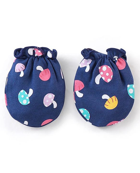 Babyhug 100% Cotton Knit Mushroom Printed Mittens & Booties Set - Navy Blue