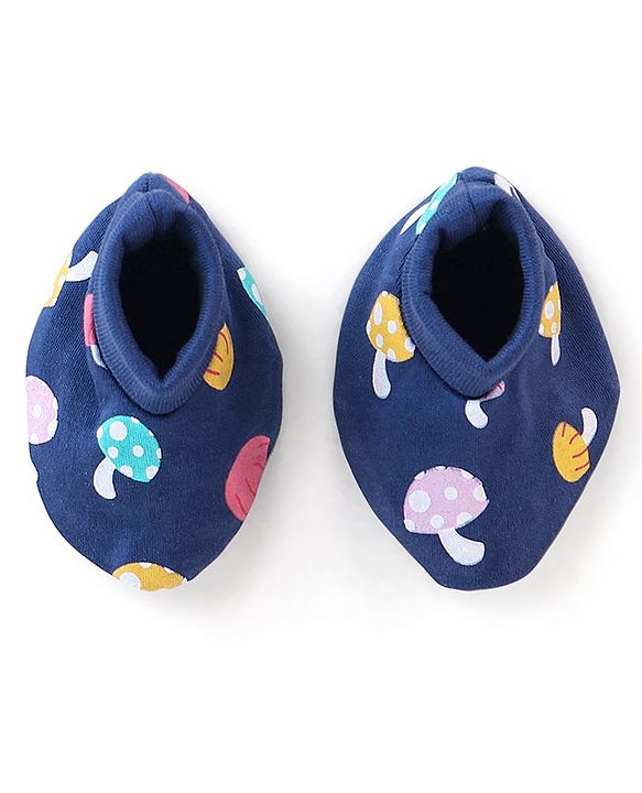 Babyhug 100% Cotton Knit Mushroom Printed Mittens & Booties Set - Navy Blue