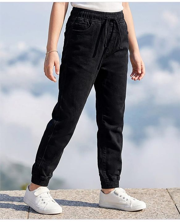 Pine Kids Cotton Rich Stretchable full length denim Joggers - Black