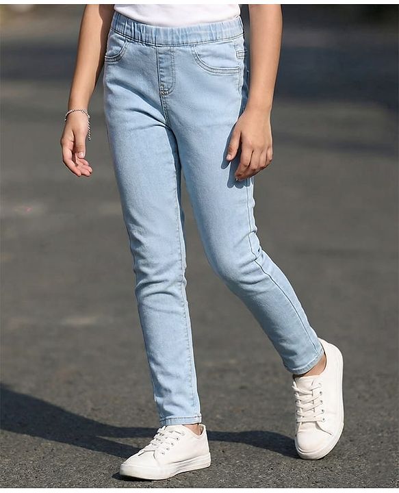 Pine Kids Cotton Stretchable Full Length Denim Jegging with Adjustable Waist Band - Ice Blue