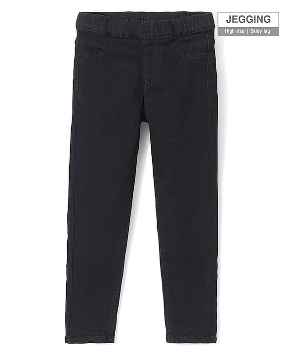 Pine Kids Cotton Stretchable Full Length Denim Jegging with Adjustable Waist Band - BLACK