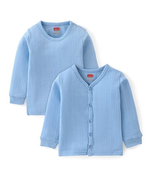 Babyhug Cotton Blend Full Sleeves Front Open and Pullover Solid Color Thermal Wear Pack Of 2 - Blue