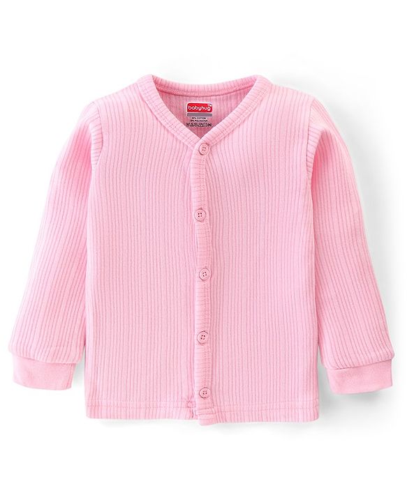 Babyhug Cotton Blend Full Sleeves Front Open and Pullover Solid Color Thermal Wear Pack of 2 - Pink