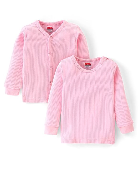 Babyhug Cotton Blend Full Sleeves Front Open and Pullover Solid Color Thermal Wear Pack of 2 - Pink