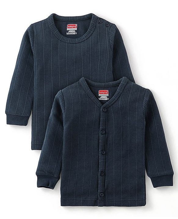 Babyhug Full Sleeves Solid Colour Thermal Vest & Pullover Set Pack Of 2 - Navy Blue