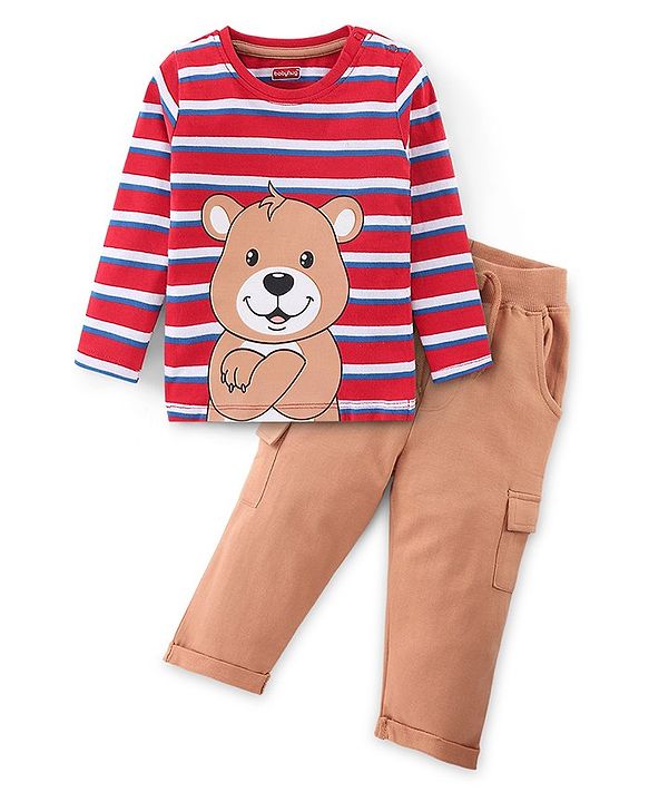 Babyhug 100% Cotton Knit to Knit Full Sleeves Stripes  T-Shirt and  Trouser-Maroon & Brown