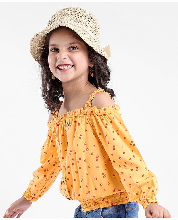 Babyhug 100% Rayon Woven Full Sleeves Off Shoulder Top with Smocking & Ruffle Detailing Floral Print - Yellow