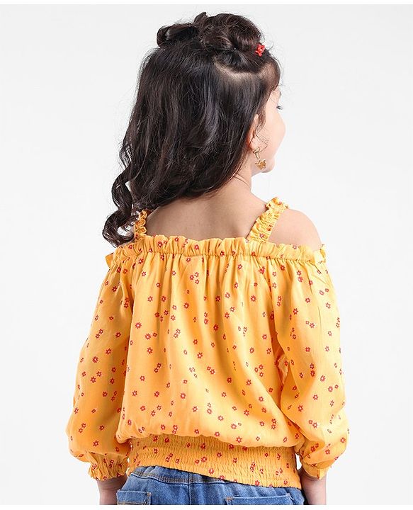 Babyhug 100% Rayon Woven Full Sleeves Off Shoulder Top with Smocking & Ruffle Detailing Floral Print - Yellow