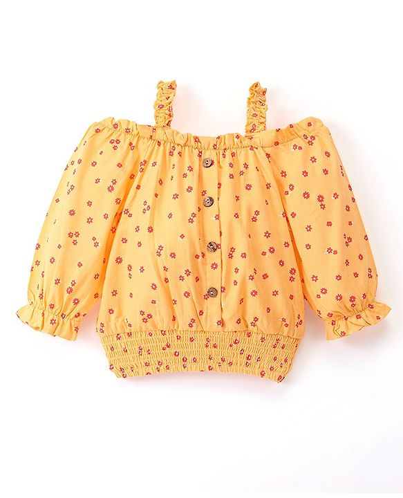 Babyhug 100% Rayon Woven Full Sleeves Off Shoulder Top with Smocking & Ruffle Detailing Floral Print - Yellow