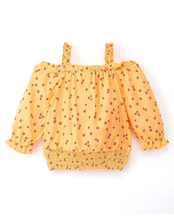 Babyhug 100% Rayon Woven Full Sleeves Off Shoulder Top with Smocking & Ruffle Detailing Floral Print - Yellow