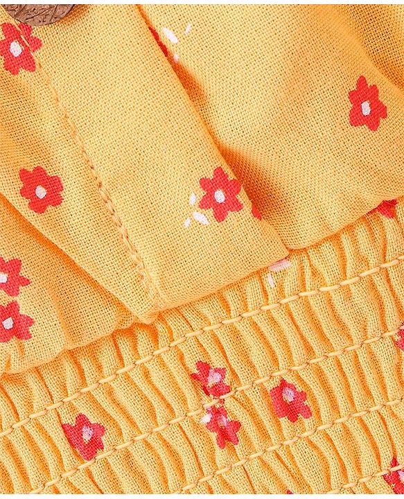 Babyhug 100% Rayon Woven Full Sleeves Off Shoulder Top with Smocking & Ruffle Detailing Floral Print - Yellow