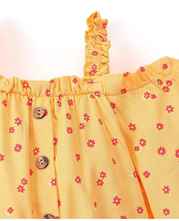 Babyhug 100% Rayon Woven Full Sleeves Off Shoulder Top with Smocking & Ruffle Detailing Floral Print - Yellow