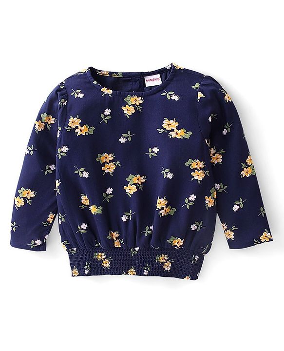 Babyhug 100% Rayon Full Sleeves Floral Printed Top With Smocking Detailing- Navy Blue