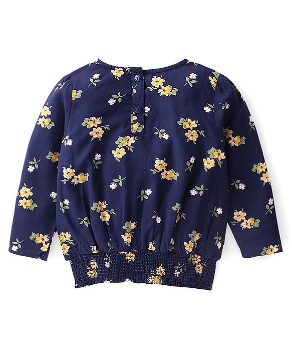 Babyhug 100% Rayon Full Sleeves Floral Printed Top With Smocking Detailing- Navy Blue