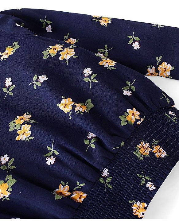 Babyhug 100% Rayon Full Sleeves Floral Printed Top With Smocking Detailing- Navy Blue