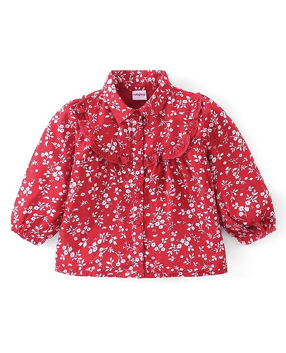 Babyhug Full Sleeves Rayon Floral Printed Top with Frill & Lace Detailing - Red