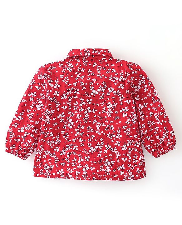 Babyhug Full Sleeves Rayon Floral Printed Top with Frill & Lace Detailing - Red