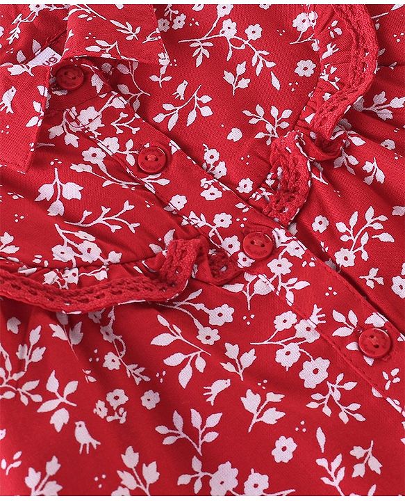 Babyhug Full Sleeves Rayon Floral Printed Top with Frill & Lace Detailing - Red
