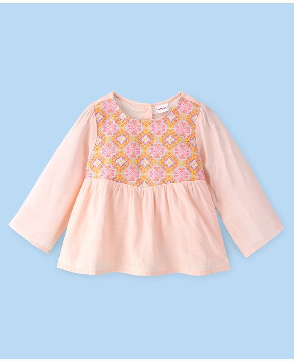 Babyhug Full Sleeves 100% Rayon Woven Gathered Top with Embroidery Detailing - Peach