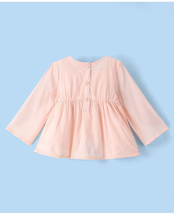 Babyhug Full Sleeves 100% Rayon Woven Gathered Top with Embroidery Detailing - Peach