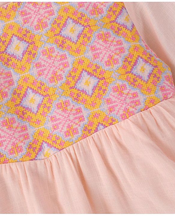 Babyhug Full Sleeves 100% Rayon Woven Gathered Top with Embroidery Detailing - Peach