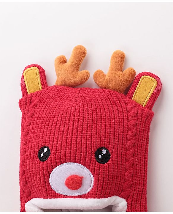 Babyhug Monkey Cap Reindeer Print - Red