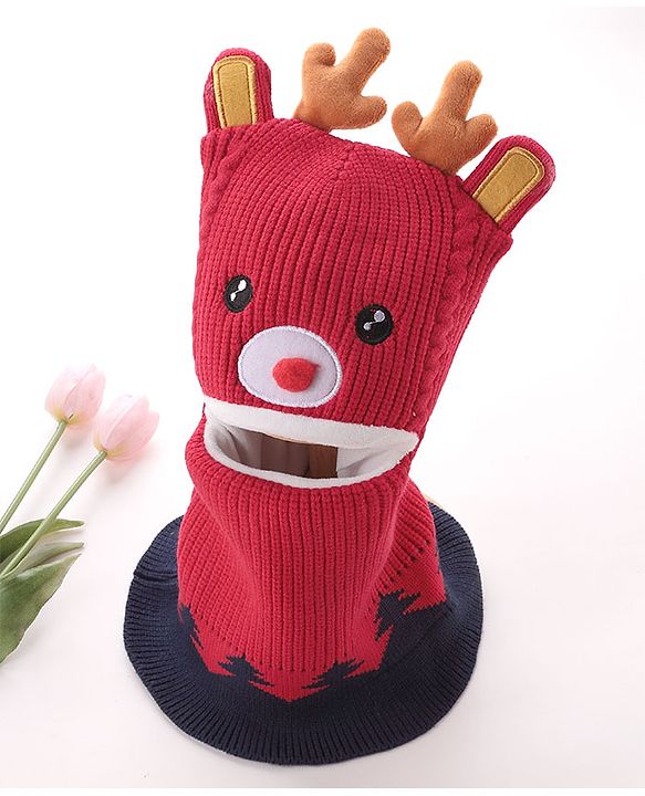 Babyhug Monkey Cap Reindeer Print - Red