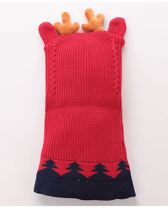 Babyhug Monkey Cap Reindeer Print - Red