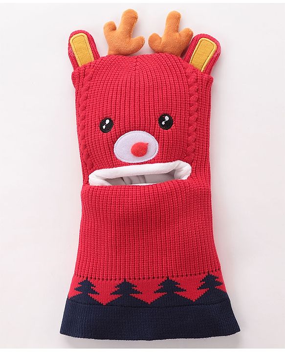 Babyhug Monkey Cap Reindeer Print - Red