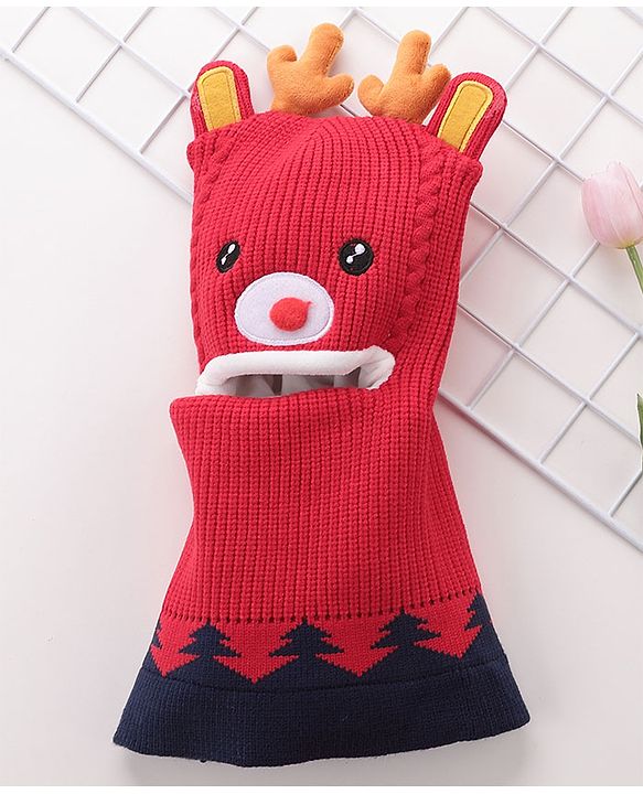 Babyhug Monkey Cap Reindeer Print - Red