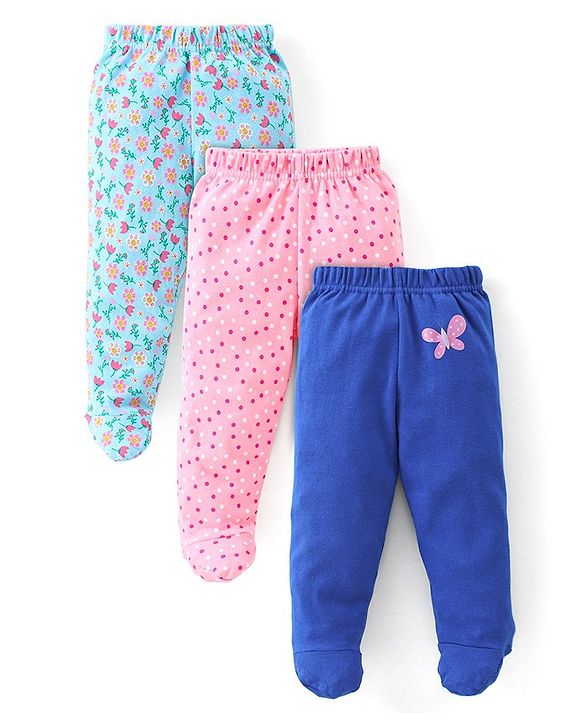 Babyhug Cotton Full Length Bootie Leggings Polka Dots & Floral Printed Pack of 3 - Pink & Blue
