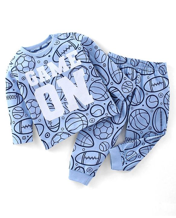 Babyhug Cotton Knit Full Sleeves Night Suit Ball Print - Blue
