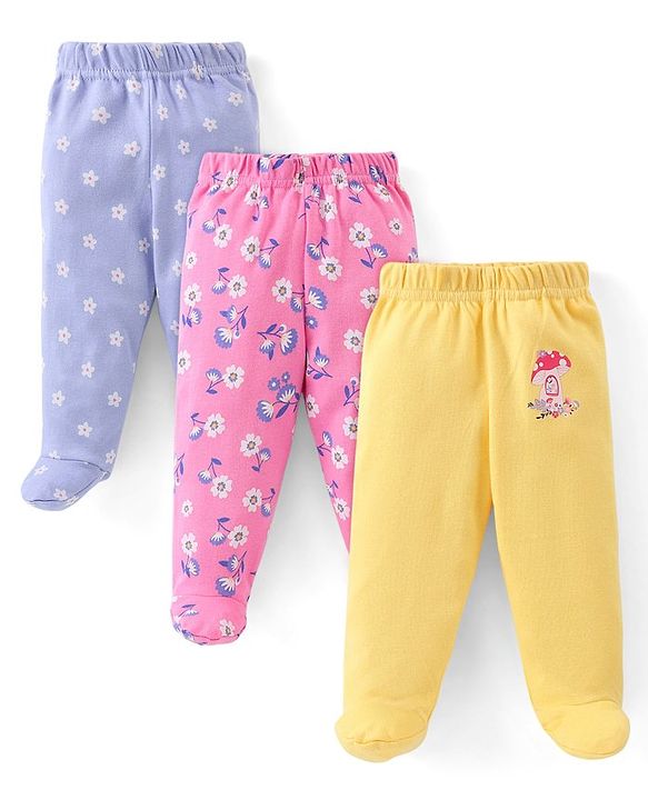 Babyhug Cotton Knit Full Length Bootie Leggings Floral Print Pack of 3 - Yellow Pink & Blue