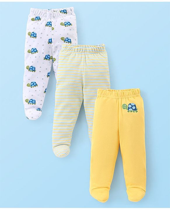 Babyhug Cotton Footed Bootie Leggings Striped & Tortoise Printed Pack of 3 - Yellow & Blue