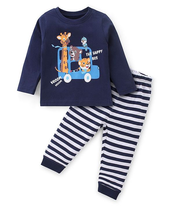 Babyhug Cotton Knit Full Sleeves Night Suit With Animals Print - Navy Blue