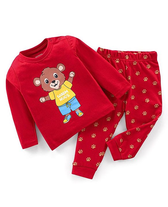 Babyhug Cotton Knit Full Sleeves Bear Print Night Suit - Red