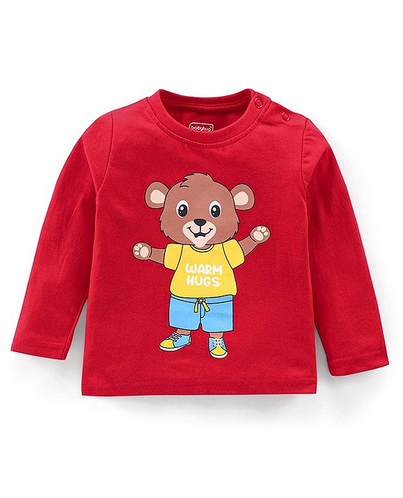 Babyhug Cotton Knit Full Sleeves Bear Print Night Suit - Red