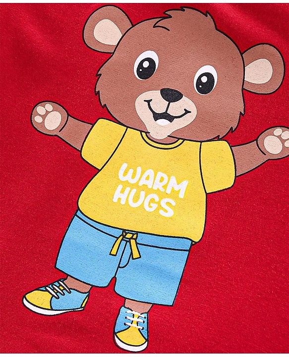 Babyhug Cotton Knit Full Sleeves Bear Print Night Suit - Red