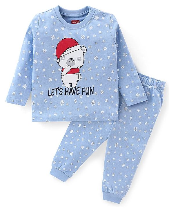 Babyhug Cotton Knit Single Jersey Full Sleeves Night Suit With Polar Bear & Snowflake Print - Blue
