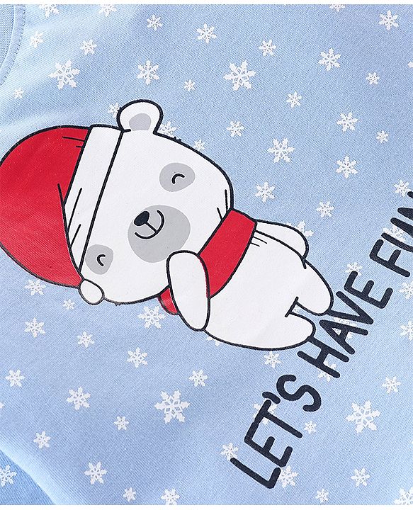 Babyhug Cotton Knit Single Jersey Full Sleeves Night Suit With Polar Bear & Snowflake Print - Blue