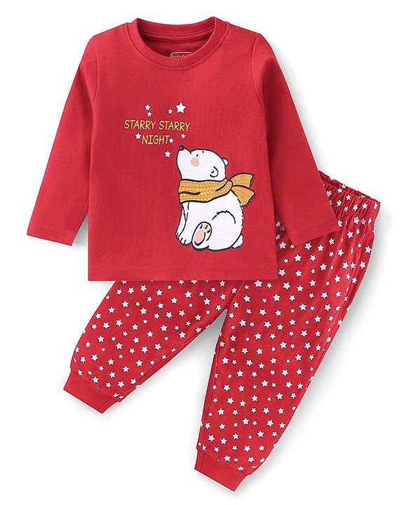 Babyhug 100% Cotton Full Sleeves Night Suit With Polar Bear Print - Red
