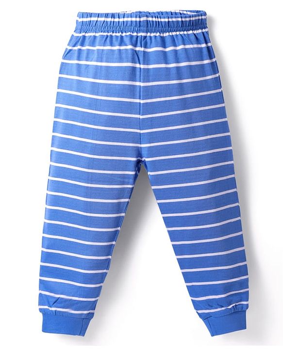 Babyhug Single Jersey Knit Full Sleeves Nightsuit With Animal Print & Stripes - Blue
