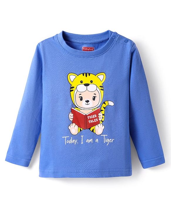 Babyhug Single Jersey Knit Full Sleeves Nightsuit With Animal Print & Stripes - Blue