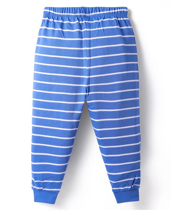 Babyhug Single Jersey Knit Full Sleeves Nightsuit With Animal Print & Stripes - Blue