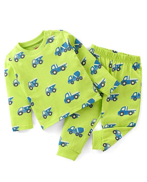 Babyhug Cotton Knit Full Sleeves Trucks Printed Night Suit - Green