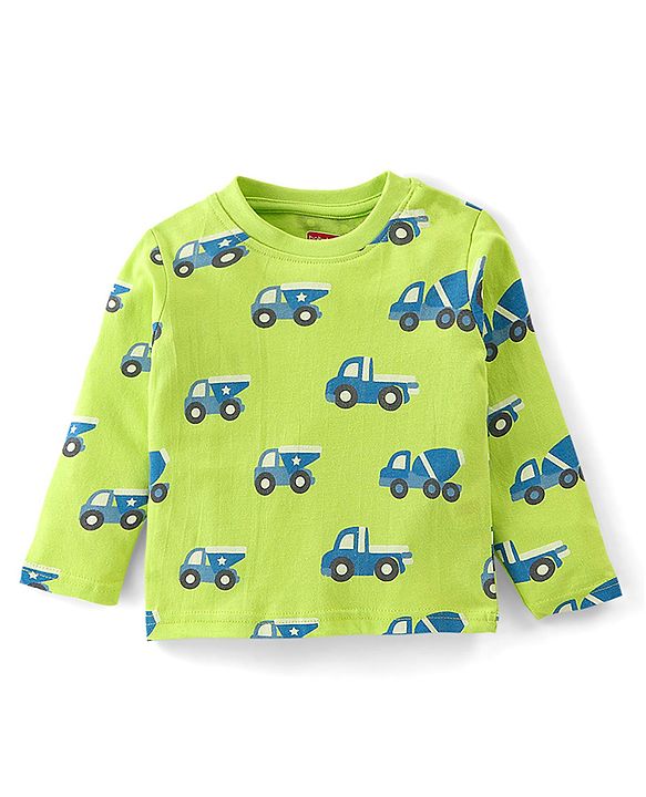 Babyhug Cotton Knit Full Sleeves Trucks Printed Night Suit - Green