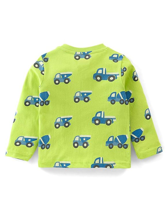 Babyhug Cotton Knit Full Sleeves Trucks Printed Night Suit - Green