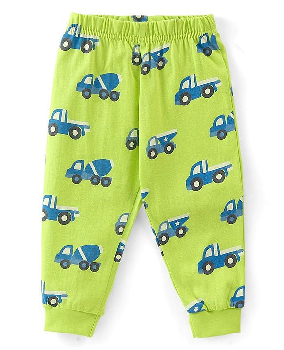 Babyhug Cotton Knit Full Sleeves Trucks Printed Night Suit - Green