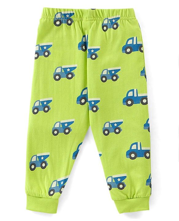 Babyhug Cotton Knit Full Sleeves Trucks Printed Night Suit - Green