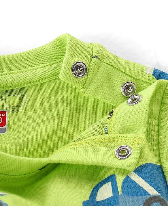 Babyhug Cotton Knit Full Sleeves Trucks Printed Night Suit - Green